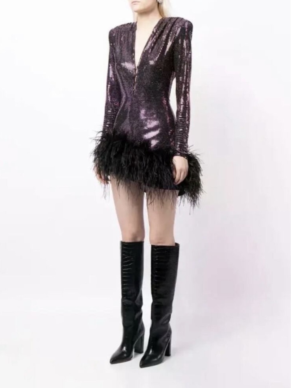 Bronx and Banco Purple Sequin Mini Dress with Black Feather Hem - Picture 3 of 11